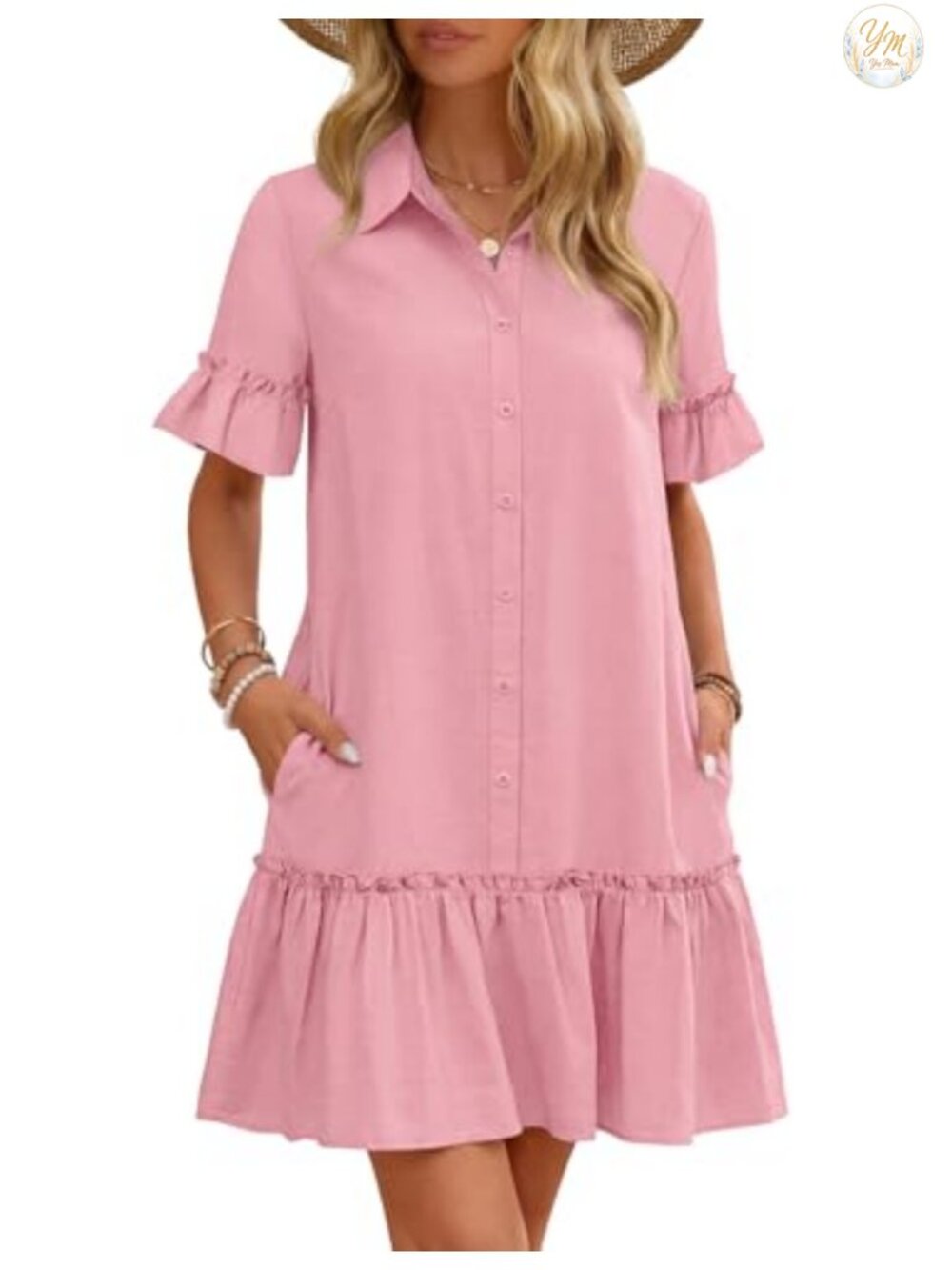 Women's Casual Shift Mini Dress Button Down Short Sleeve Cotton Blend Lined
